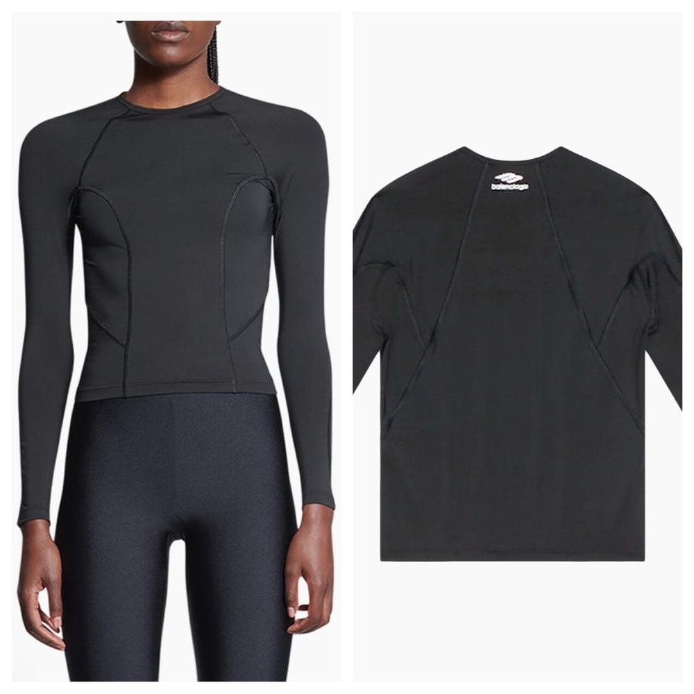 Balenciaga Activewear Long Sleeve Performance Top Black Back Logo Size Small
